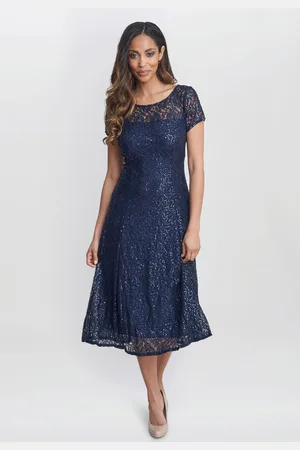 Gina Bacconi Blue Genny Cap Sleeve Midi Length Sequin Lace Dress40