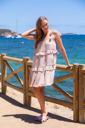 South Beach Tie Shoulder Bead Detail 100% Cotton Mini Dress36