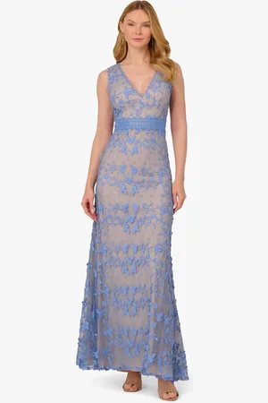 Adrianna Papell Blue Embroidered Lace V-Neck Gown36