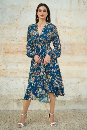 Yumi Butterly Floral Tie Knot Front Long Sleeve Midi Dress44