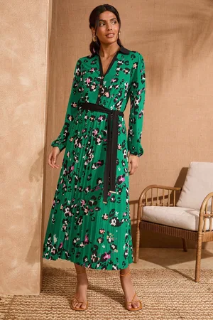 Love & Roses Printed Jersey Collar Pleated Long Sleeve Midi Dress34