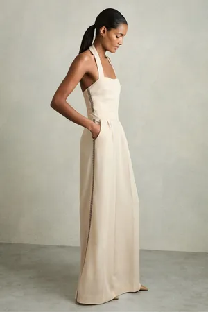 Reiss Viola Embroidery Halterneck Wide Leg Jumpsuit38