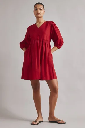 Albaray Red Linen Short V-Neck Dress40