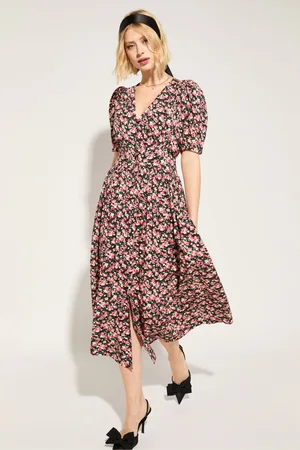 Baukjen Holly V-Neck Waisted Midi Black Rose Floral Print Dress44
