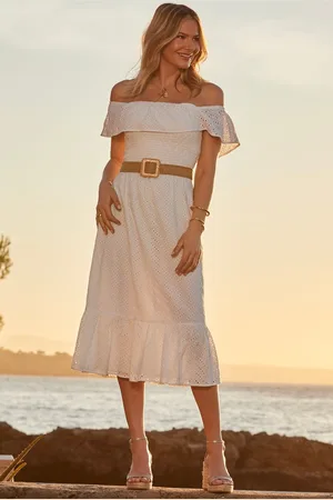 Sosandar Broderie Detail Belted Bardot 100% Cotton Dress44