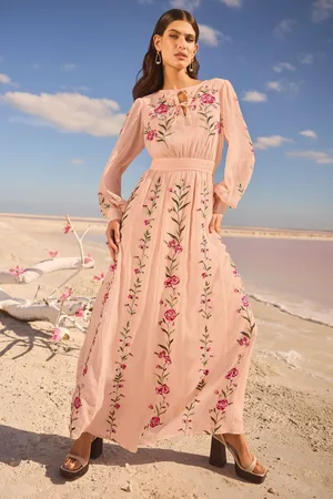 Love & Roses Embroidered Tie Detail Long Sleeve Maxi Dress44
