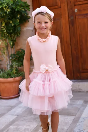 Angels Face Pink Eunice Sleeveless Knit With Tulle 100% Cotton Dress140146cm