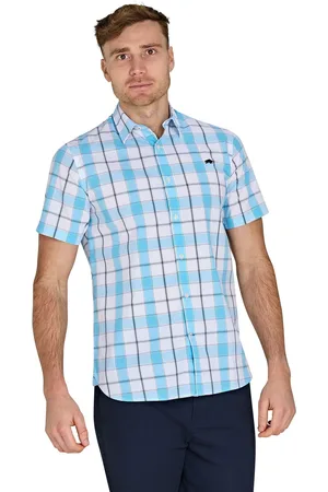 Raging Bull Blue Short Sleeve Multi Check 100% Cotton ShirtLarge