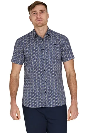 Raging Bull Blue Short Sleeve Tropical Palm 100% Cotton Poplin Shirt5X-Large