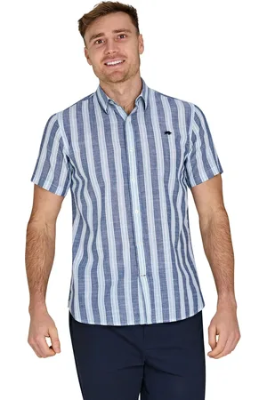 Raging Bull Blue Short Sleeve Deck Stripe 100% Cotton Linen Look ShirtX-large