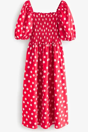 Baukjen Red Alicia Smock Midi 100% Organic Cotton Dress Crimson Polka44