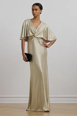 Ralph Lauren Phinya Foil Print Cape Brown Jersey Gown Dress44
