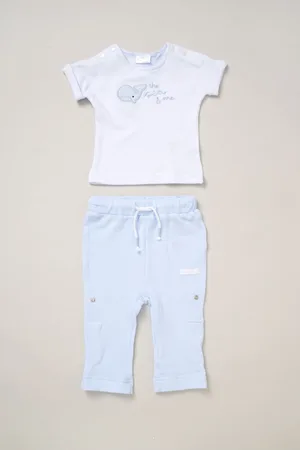 Rock-a-bye Baby Boutique Blue 100% Cotton Printed T-Shirt and Adjustable Trousers Outfit Set5662cm