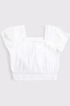 Abercrombie & Fitch White Woven Lace Trim Frill Sleeve Crop Top166168cm