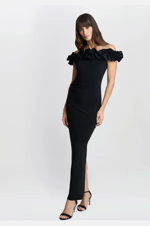 Gina Bacconi Sabrina Jersey Ruffle Neck Black Maxi Dress44