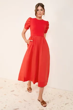 Friends Like These Cotton Mix Ruched Sleeve Midi Dress44