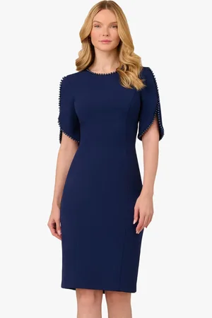 Adrianna Papell Blue Knit Crepe Pearl Midi Dress40