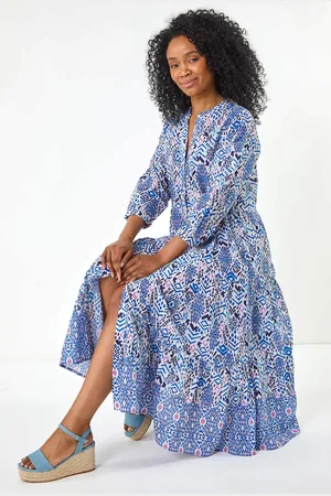 Roman Aztec Tiered 100% Cotton Midi Dress44