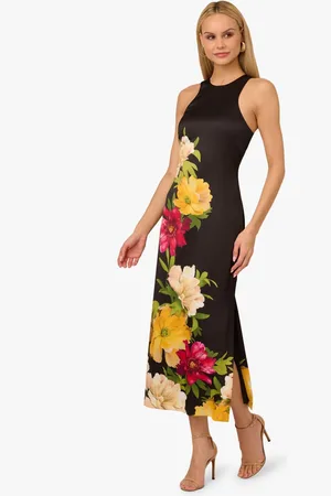 Adrianna Papell Printed Satin Midi Black Dress40