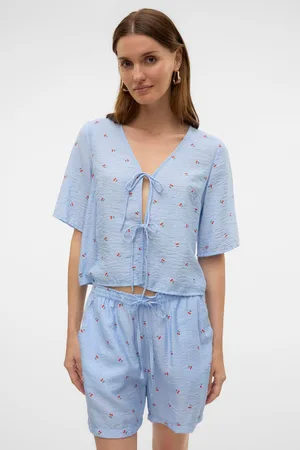VERO MODA Cherry Print Tie Front Blue BlouseXS 6