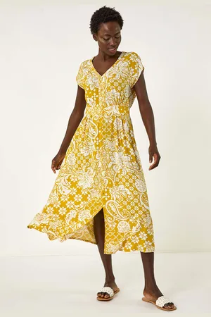 Roman Leaf Print Button Midi Dress44