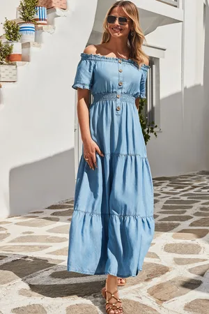 Sosandar Denim Shirred Waist Bardot Fit & Flare Maxi Dress38