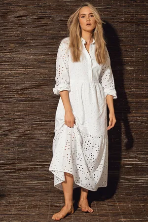 Long Tall Sally Broderie Anglaise Maxi 100% Cotton Shirt DressEU 36 Tall (UK 8 T)