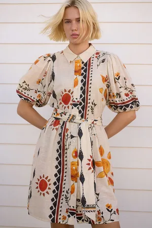 Next Puff Sleeve Tie Waist Mini Shirt Dress50