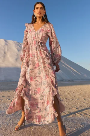 Love & Roses V & A I Printed Metallic Ruffle V-Neck Midi Dress36