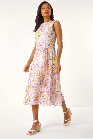 Roman Floral Print Pleat Neck Midi Dress44