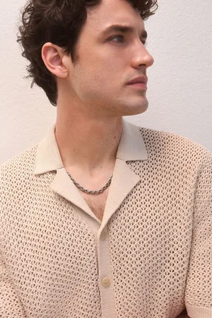 Next Relaxed Fit 100% Cotton Crochet Knitted Shirt with Cuban Collarsmall