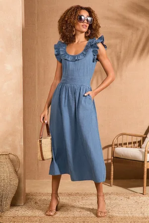 Love & Roses Denim Ruffle Scoop Neckline Midi 100% Cotton Dress40