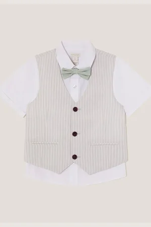 Monsoon 100% Cotton Shirt and Waistcoat Set 3 Piece with Bow134140cm