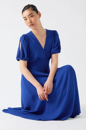 LK Bennett Hermia Mazarine Viscose Petal Sleeve V-Neck Flared Dress38