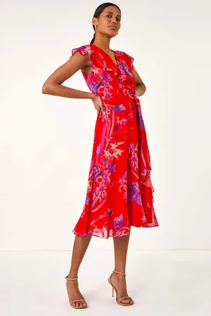 Roman Floral Print Ruffle Wrap Front Midi Dress46
