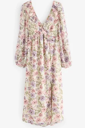 Next Long Sleeve Tie Back Floral Midi Dress40tall