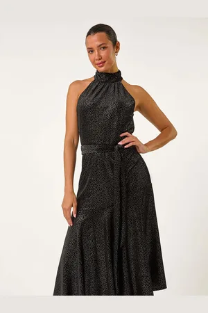 Roman Velvet Halter Neck Ruffle Hem Midi Dress38
