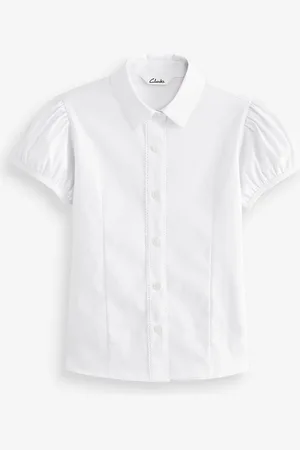 Clarks White Short Sleeve Senior Girls Fitted Lace Trim School Shirt14 Jaar (164cm)