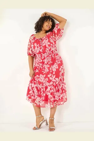 Roman Curve Tropical Print Tie Neck Midi Dress54
