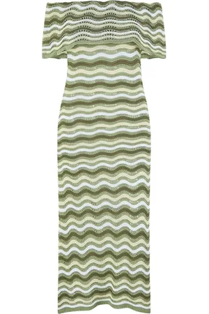 Yumi Stripe Crochet Knit Bardot Midi Dresslarge