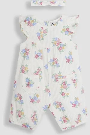 JoJo Maman Bébé 100% Cotton Pretty Ruffle Shoulder Sunsuit with Headband9298cm