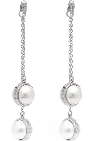 Karen Millen Silver Tone Logo Pearl Double Drop Earringseen