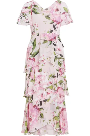 Gina Bacconi Pink Olivia Printed Cowl Neck Maxi Tiered Dress With Shoulder Embellishment50
