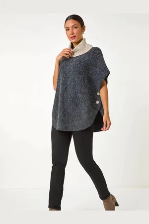 Roman Contrast Roll Neck Button Knit Poncholarge
