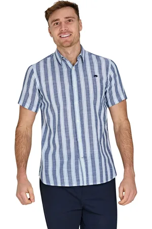 Raging Bull Blue Short Sleeve Deck Stripe 100% Cotton Linen Look ShirtX-large