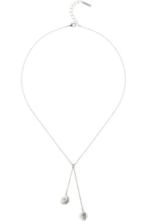 Karen Millen Silver Tone Logo Pearl Double Drop Necklaceeen