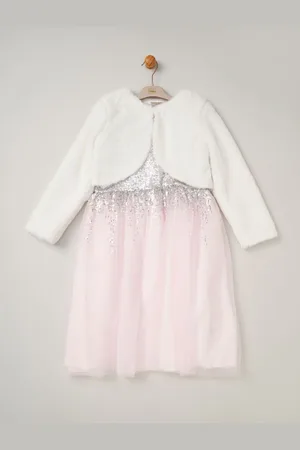 MISS Sequin Waterfall Dress With Faux Fur Bolero Outfit Set4