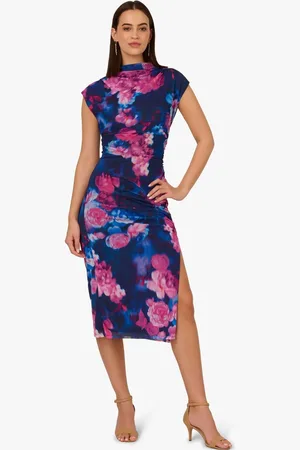Adrianna Papell Blue Print Mesh Draped Dresslarge