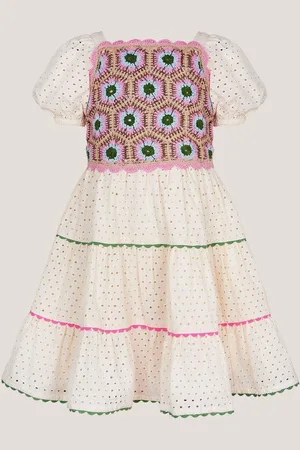 Monsoon Crochet Broderie Puff-Sleeve 100% Cotton Dress146152cm