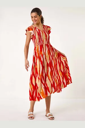 Roman Wave Print Shirred Midi Dress38